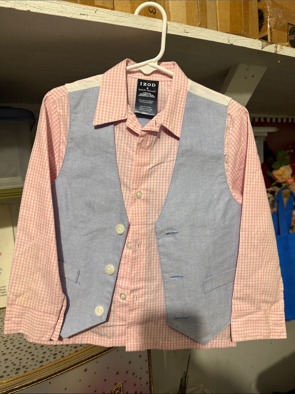 Izod Pink Gingham Shirt with Light Blue Vest Set